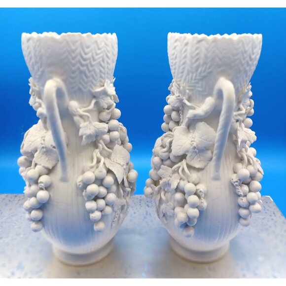 Antique Blanc De Chine Parian Ware Porcelain Bisque Amphora Vases Set Of 2 - Picture 4 of 15